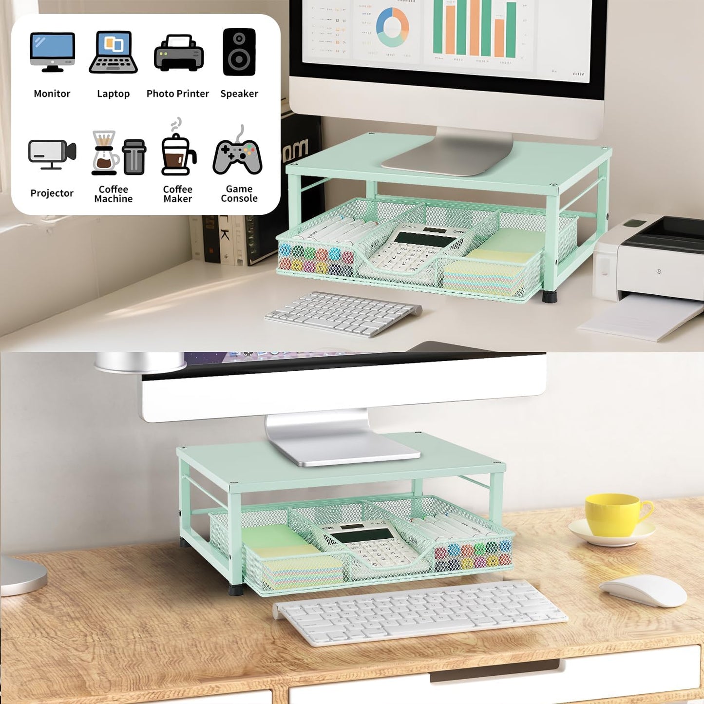 Wood Metal Monitor Stand Riser, Laptop Stand for Desk, Office Desk Organizer and Accessories, Computer Desktop Shelf with Drawer and Pen Holder, Printer Stand for Home, Office, Dorm (Natural Wood)