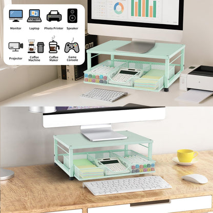 Wood Metal Monitor Stand Riser, Laptop Stand for Desk, Office Desk Organizer and Accessories, Computer Desktop Shelf with Drawer and Pen Holder, Printer Stand for Home, Office, Dorm (Natural Wood)