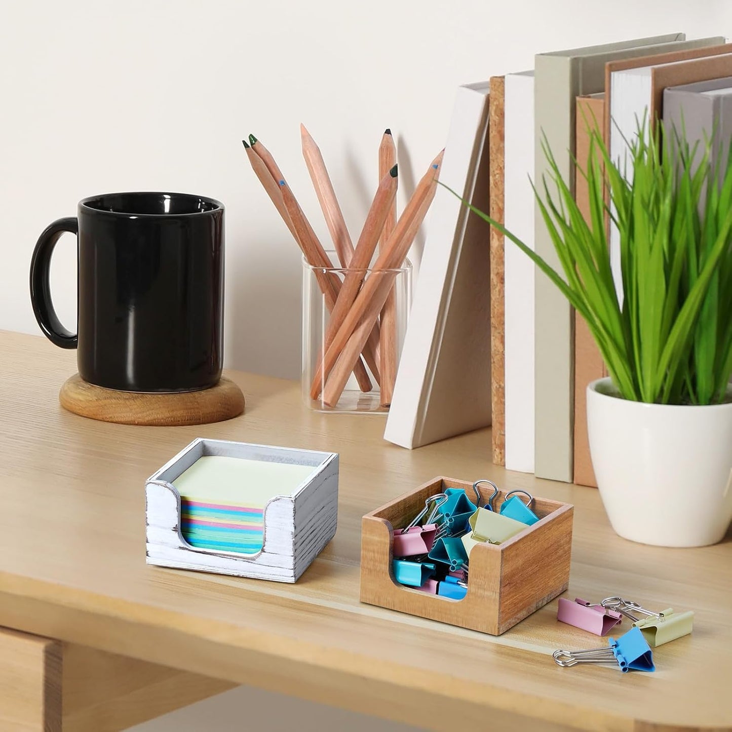 Bivvclaz Wood Sticky Note Holder, 3 x 3 Inch Post It Note Dispenser for Office Desk Accessories, Self Stick Note Pad Holder, Memo Pad Holder Dispenser Organizer for School Office Desk Supplies, Black