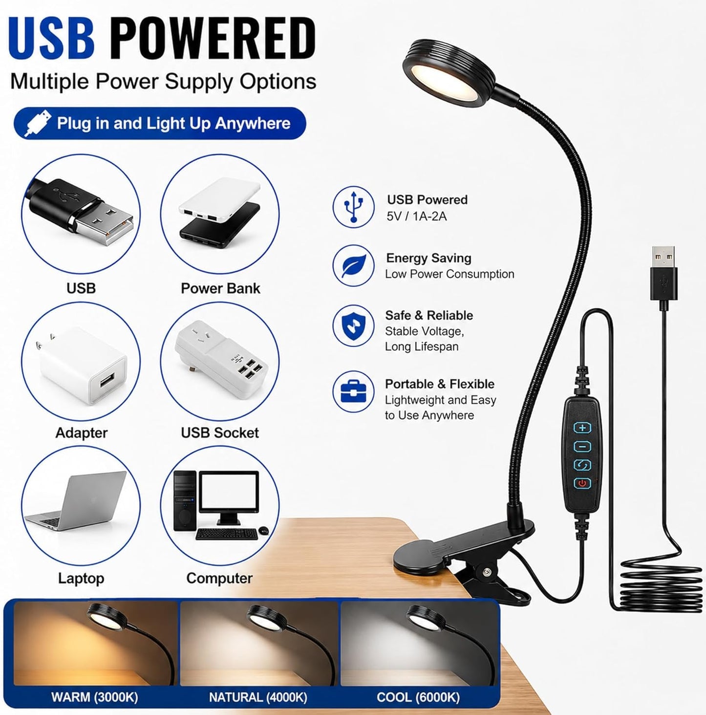 USB Clip-On Desk Lamp with 3 Color Modes, Adjustable Brightness, Gooseneck, 1 Minute Timer, Book Light for Reading Book in Bed at Night Clip on Table, headboard, Dorm, (Warm+Cool White, 8W)