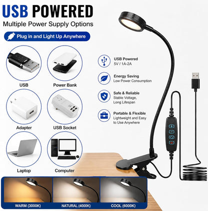 USB Clip-On Desk Lamp with 3 Color Modes, Adjustable Brightness, Gooseneck, 1 Minute Timer, Book Light for Reading Book in Bed at Night Clip on Table, headboard, Dorm, (Warm+Cool White, 8W)