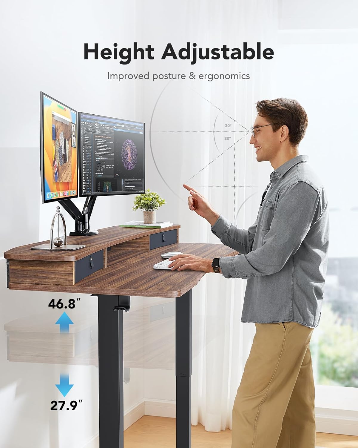 HUANUO 48″ x 24″ Electric Standing Desk with 2 Drawers, C-Clamp Mount Compatible, Height Adjustable Computer Desk, Home Office Stand Up Desk with 4 Preset Heights & 2 Hooks, Black