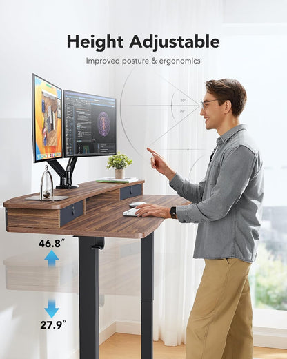 HUANUO 48″ x 24″ Electric Standing Desk with 2 Drawers, C-Clamp Mount Compatible, Height Adjustable Computer Desk, Home Office Stand Up Desk with 4 Preset Heights & 2 Hooks, Black
