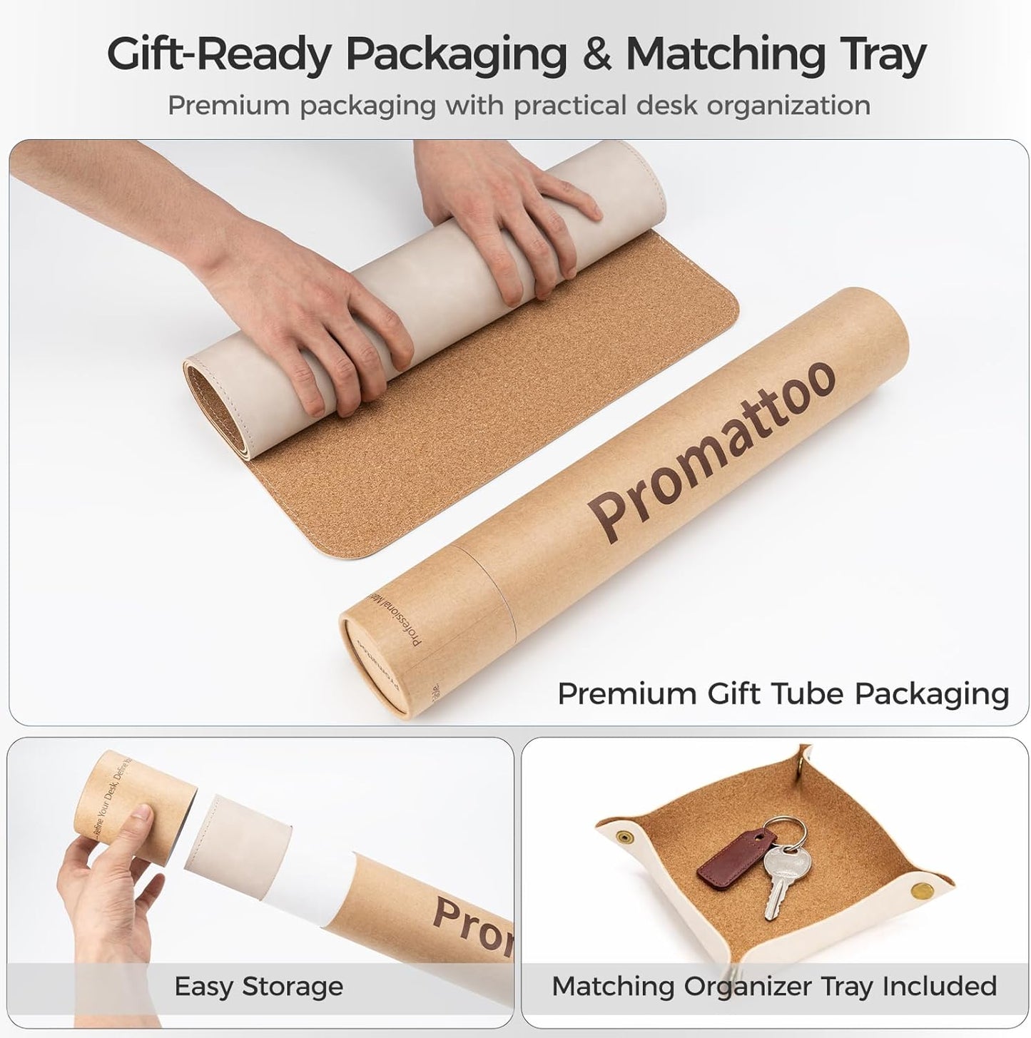 Premium Faux Leather Desk Mat & Tray Set，Innovative Cork-Look Printed Base，Gift Tube Packaging，Full-Desk Coverage，Non-Slip Desk Pad for Office Home（Olive Green）