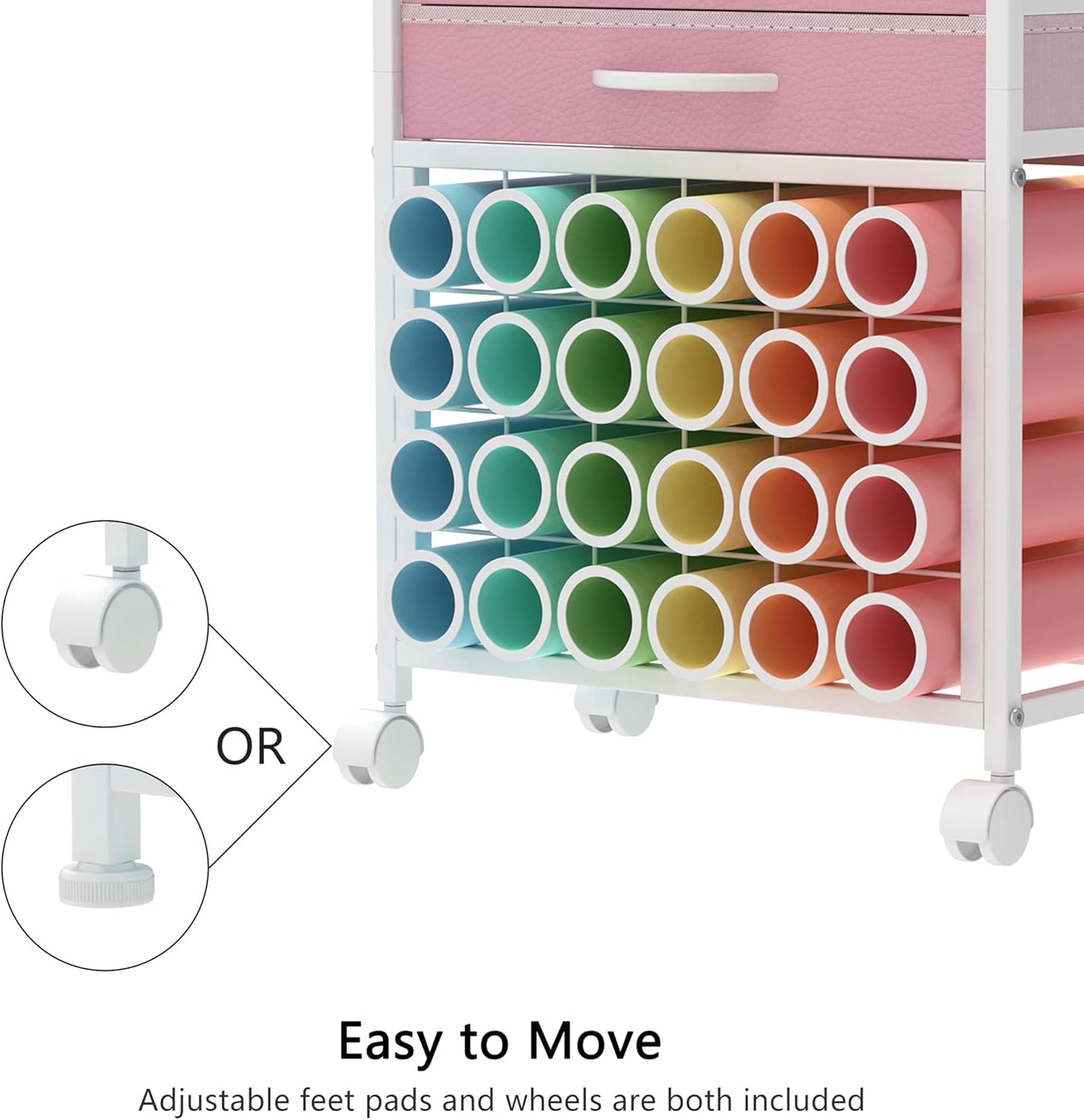 VENNQD Organizer and Storage Stand Compatible with Cricut Machines,Rolling Storage Cart/Shelf with 24 Vinyl Roll Holders，2 Fabric Drawer,Accessories Holder,Tool Hook for Craft Room Home (white)
