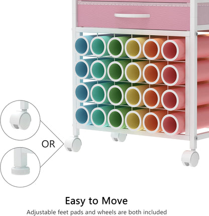 VENNQD Organizer and Storage Stand Compatible with Cricut Machines,Rolling Storage Cart/Shelf with 24 Vinyl Roll Holders，2 Fabric Drawer,Accessories Holder,Tool Hook for Craft Room Home (white)