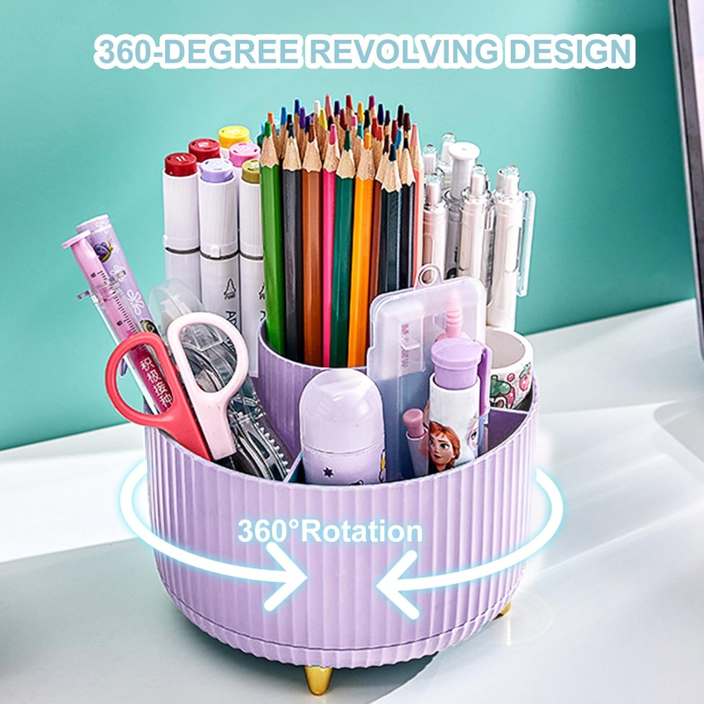 Cayxenful Pencil Holder For Desk,5 Slots 360°Degree Rotating Desk Organizers And Accessories,Desktop Storage Stationery Supplies Organizer, Cute Pencil Cup Pot For Office, School, Home (C-Blue)