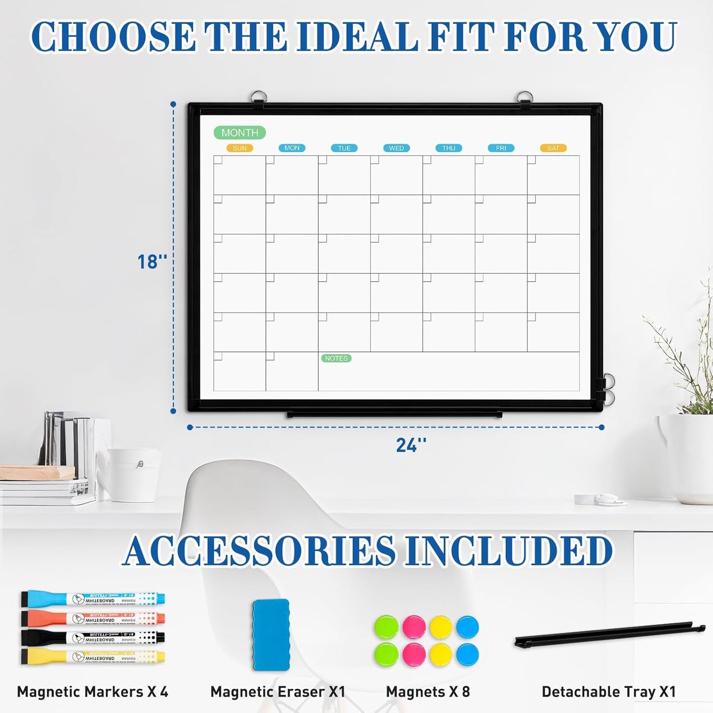 WALGLASS Weekly Dry Erase Calendar Whiteboard for Wall, 24" x 18" Double-Sided Weekly Planner White Board with Notes, Daily Tracker, Aluminum Framed Hanging & Wall Mount for Home, Office, School