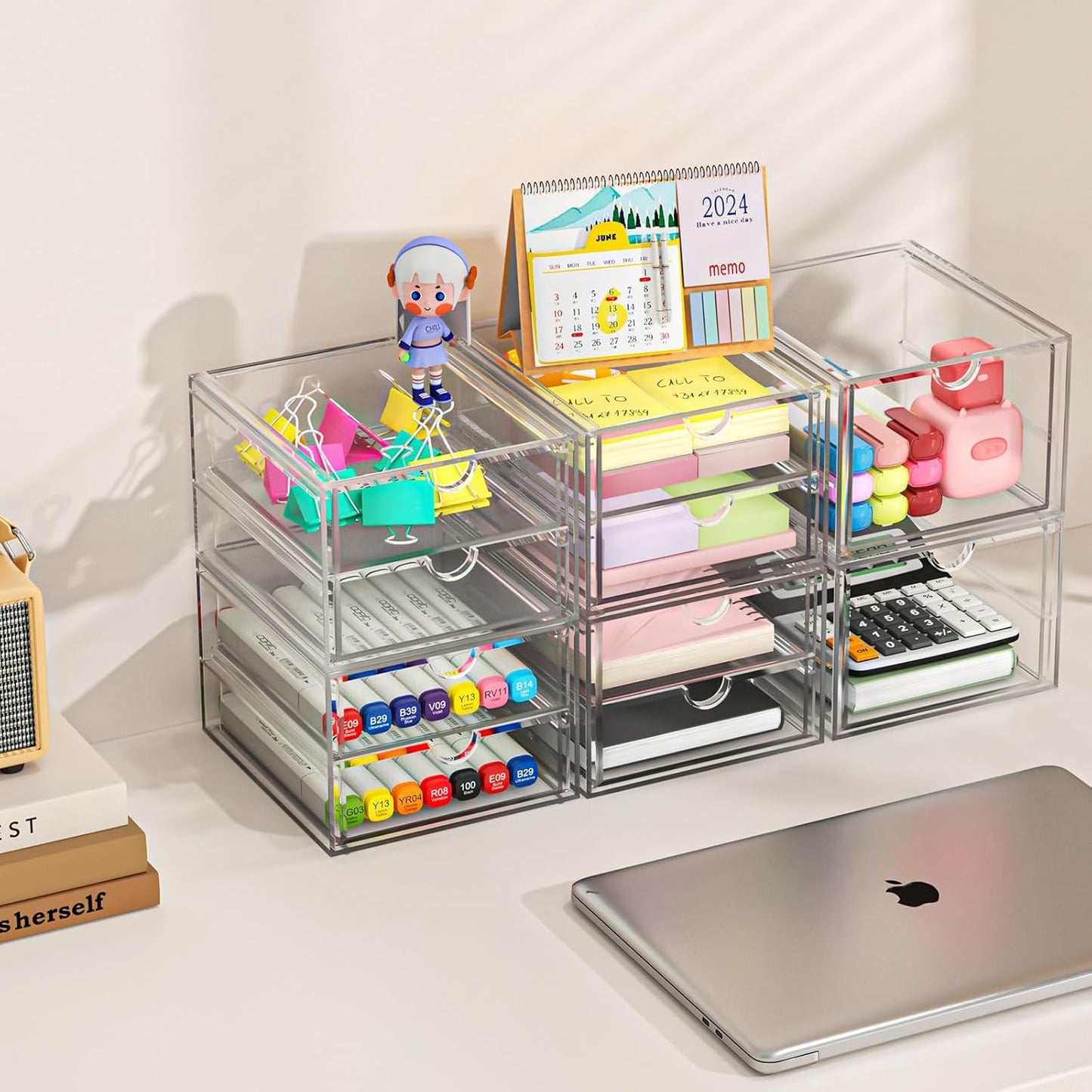 caktraie Makeup Organizer Storage With 16 Drawers, 4 Pcs Desktop Office Supplies, Desk Organizers, Clear Accessories, Dustproof Storage Drawer and for Make Up, Jewelry, Pen, Stationary