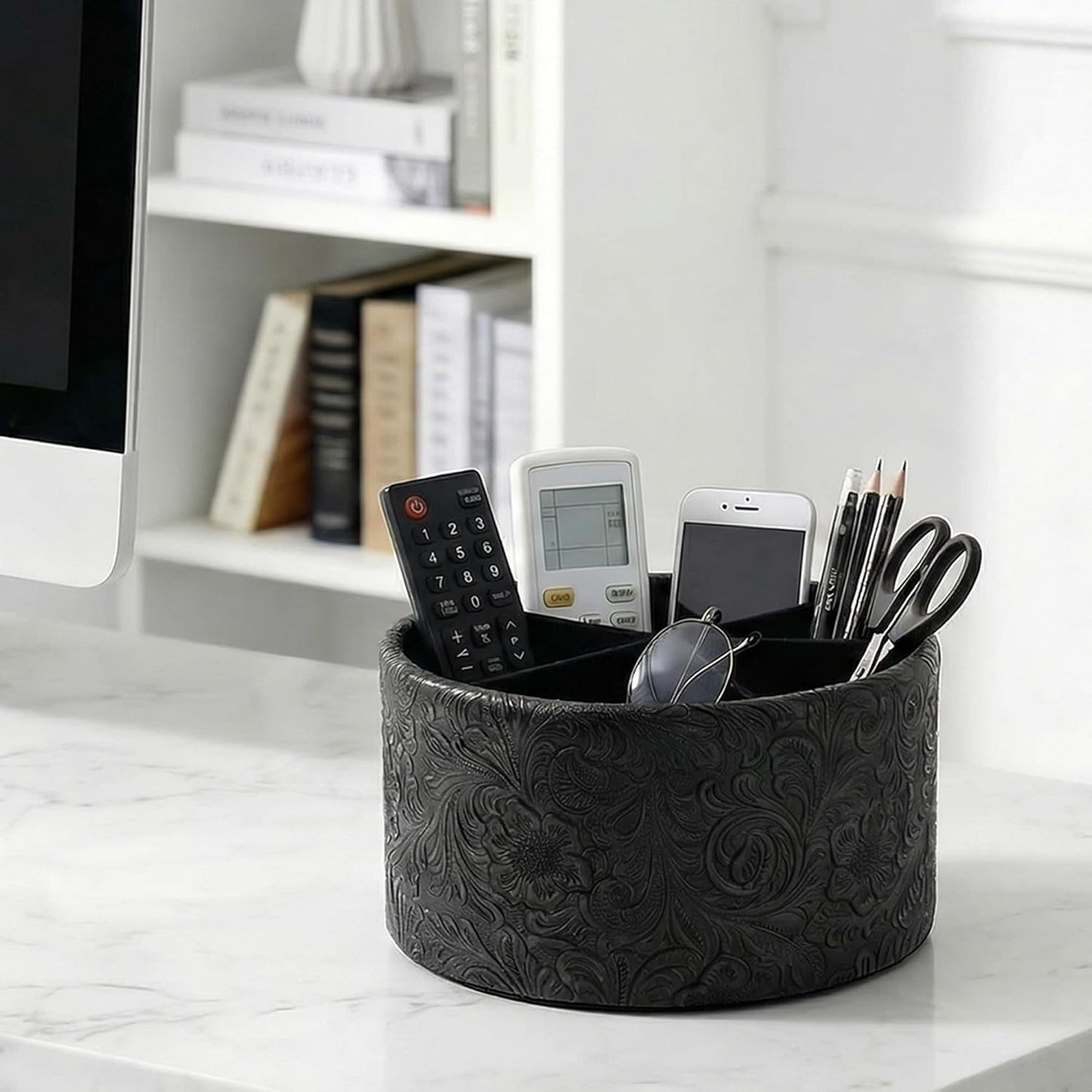 Round Leather Art Supply Organizer,Remote Control Holder,360 Degree Rotating,Multi-Functional Pencil Holder,4 Compartments Desktop Stationary Organizer(1-Fractal Flower) | Round - Colors C