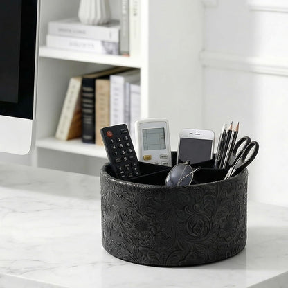 Round Leather Art Supply Organizer,Remote Control Holder,360 Degree Rotating,Multi-Functional Pencil Holder,4 Compartments Desktop Stationary Organizer(1-Fractal Flower) | Round - Colors C