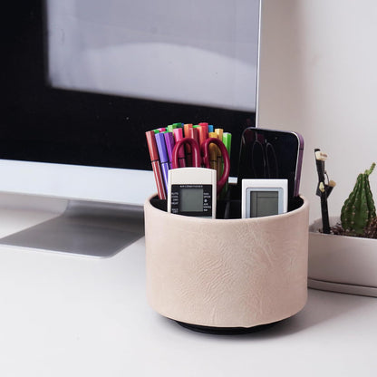 Round Leather Art Supply Organizer,Remote Control Holder,360 Degree Rotating,Multi-Functional Pencil Holder,4 Compartments Desktop Stationary Organizer(1-Fractal Flower) | Round - Colors A
