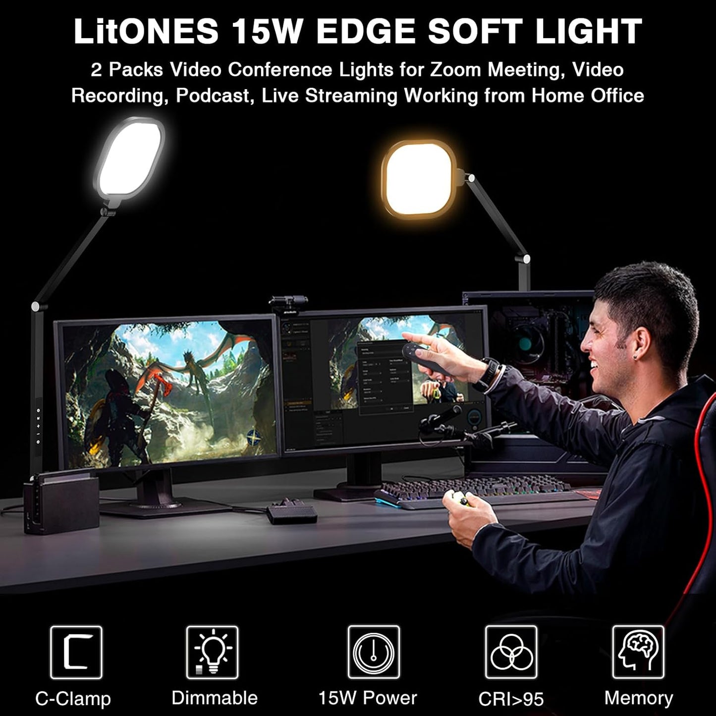 LitONES Video Conference Lighting for Computer, Dimmable Light for Video Recording, Meeting, Laptop & Webcam, 15W Ring Light for Desk with C- Clamp, Swing Arm, Remote, Memory & Timer CRI >95
