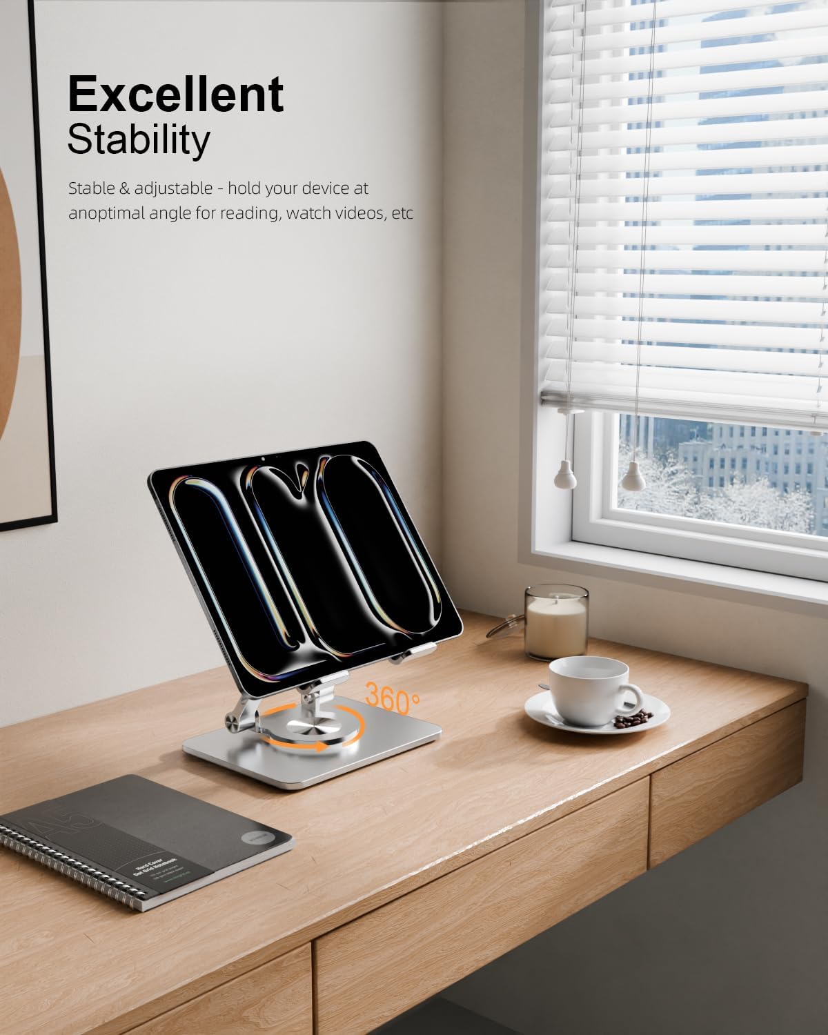 Orlian Tablet Stand Holder with Thickened 360°Rotating Base Dual Rod Adjustable Aluminum Stand for All 5.8-12.9” iPad Samsung Phone Tablet Kindle E-Reader and More, Black