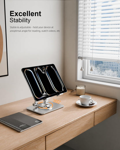 Orlian Tablet Stand Holder with Thickened 360°Rotating Base Dual Rod Adjustable Aluminum Stand for All 5.8-12.9” iPad Samsung Phone Tablet Kindle E-Reader and More, Black