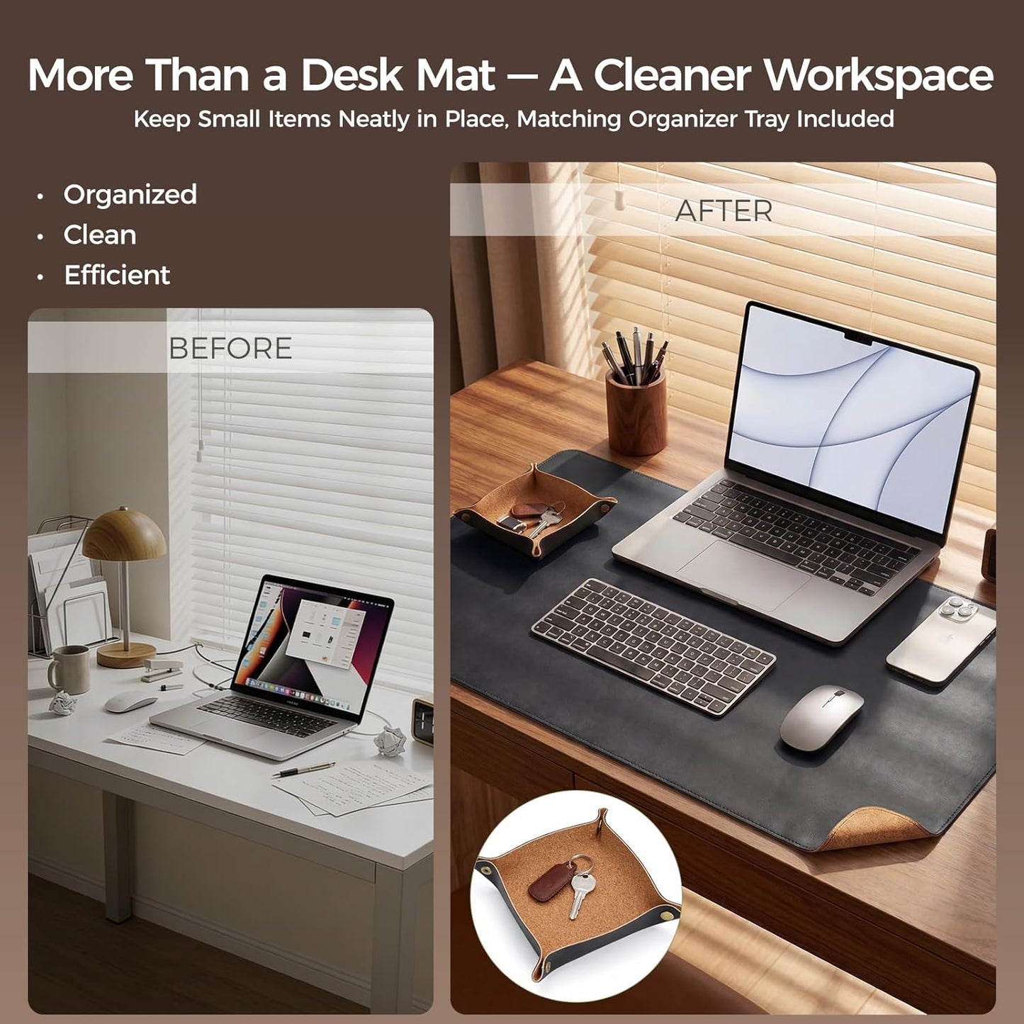 Premium Faux Leather Desk Mat & Tray Set，Innovative Cork-Look Printed Base，Gift Tube Packaging，Full-Desk Coverage，Non-Slip Desk Pad for Office Home（Olive Green）
