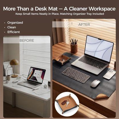 Premium Faux Leather Desk Mat & Tray Set，Innovative Cork-Look Printed Base，Gift Tube Packaging，Full-Desk Coverage，Non-Slip Desk Pad for Office Home（Olive Green）