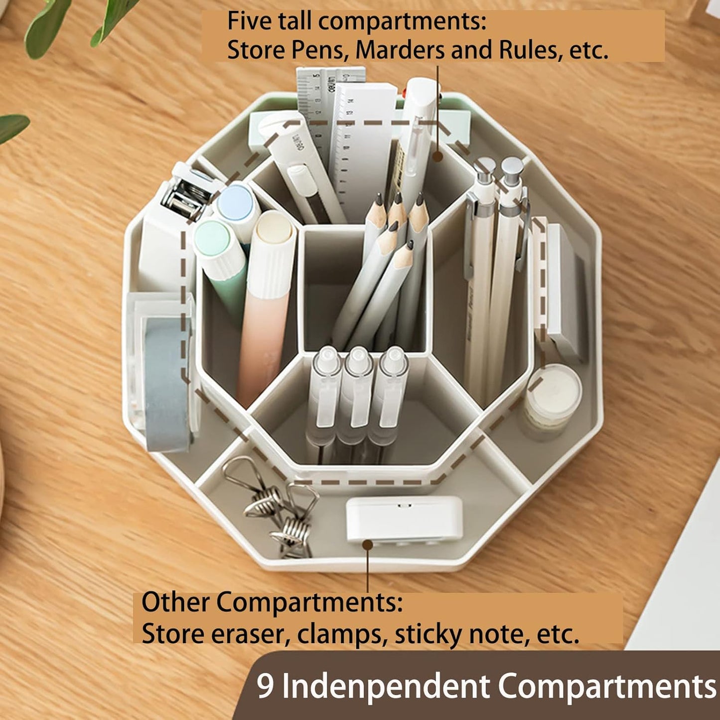 Rotating Desk Organizer, 360° Rotating Pencil Pen Holder for Desk, Desk Organizers and Accessories with 11 Slots Pencil Organizer, Art Supply Storage Box Caddy for Office (Beige)