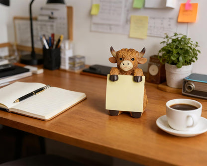 Highland Cow Pop-up Sticky Note Dispenser, Includes 1 Pad of 3x3 in Super Sticky Notes, 100 Sheets, Resin Cute Handmade Desk Holder for Office & Home-Beige