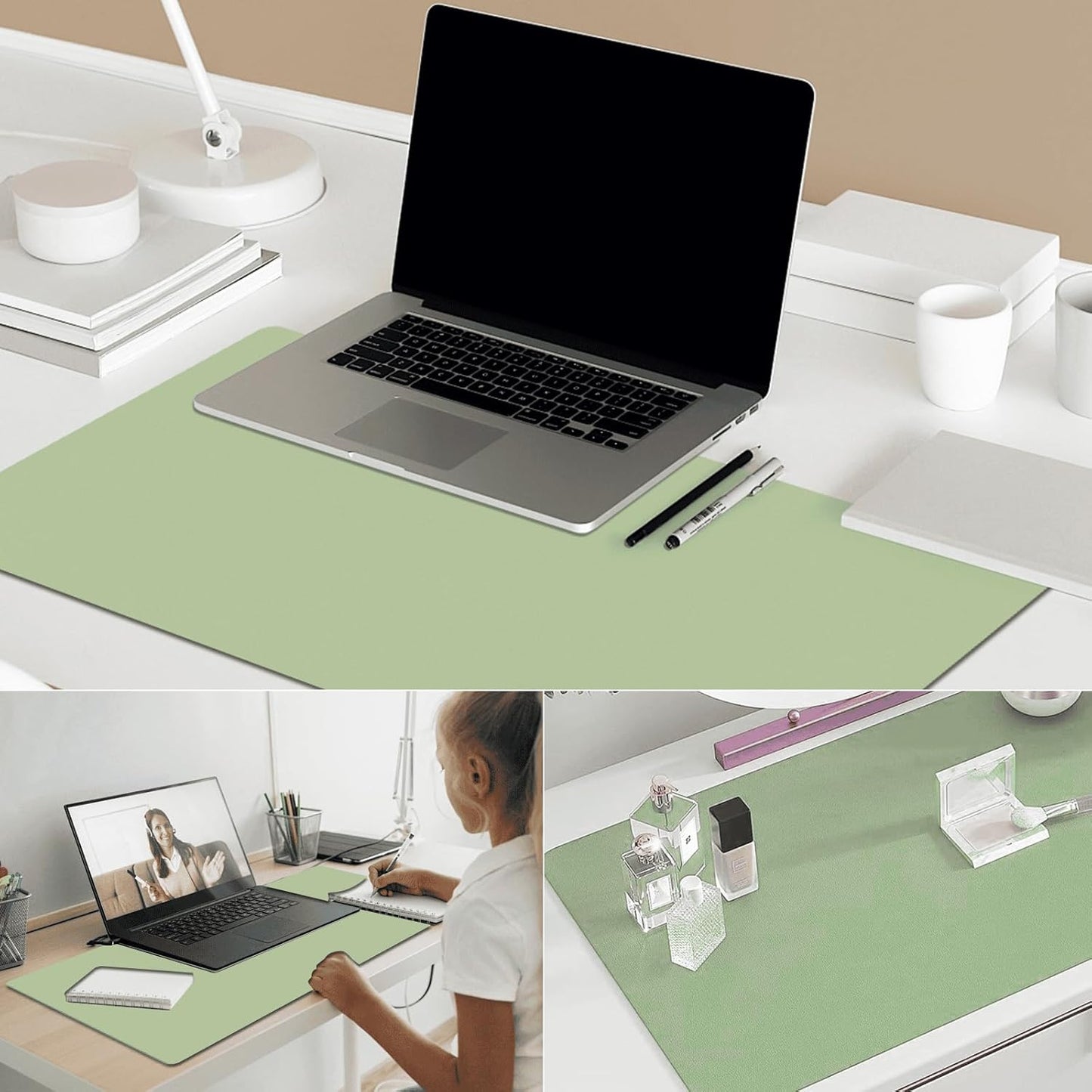 Double-Sided Desk Pad - 35.4" x 17.7" Leather Desk Mat, Eco-Friendly Cork Desk Protector, Waterproof Large Mouse Pad, Durable Desk Blotter for Office (Green)