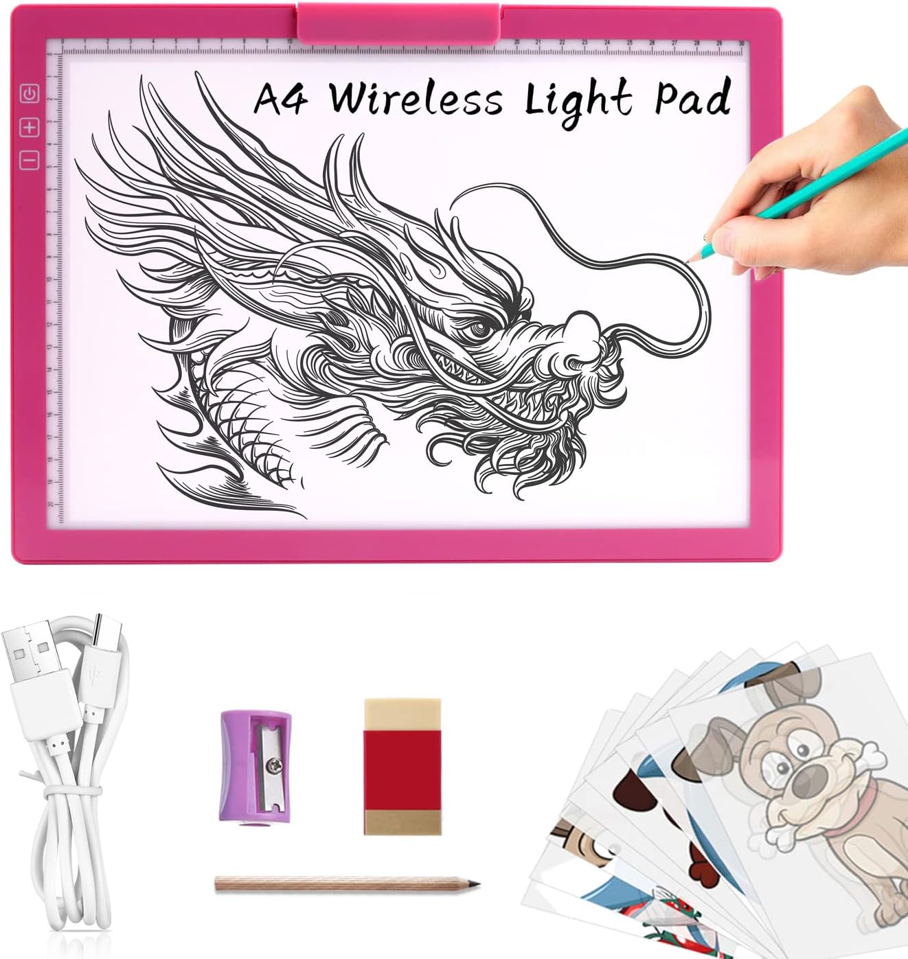 A4 Wireless LED Light Pad with Carry Bag, Innovative Stand and Top Clip, TOHETO Rechargeable Light Box Stepless Dimmable and 6 Levels Brightness Cordless Light Board for Tracing Weeding Vinyl (Black)