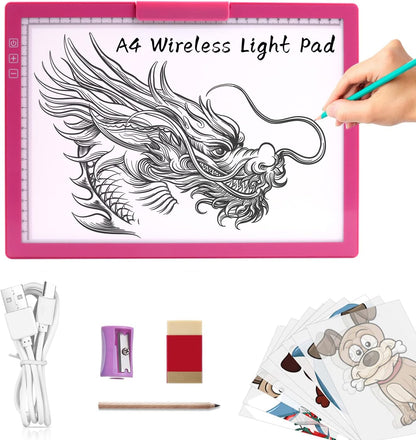 A4 Wireless LED Light Pad with Carry Bag, Innovative Stand and Top Clip, TOHETO Rechargeable Light Box Stepless Dimmable and 6 Levels Brightness Cordless Light Board for Tracing Weeding Vinyl (Black)