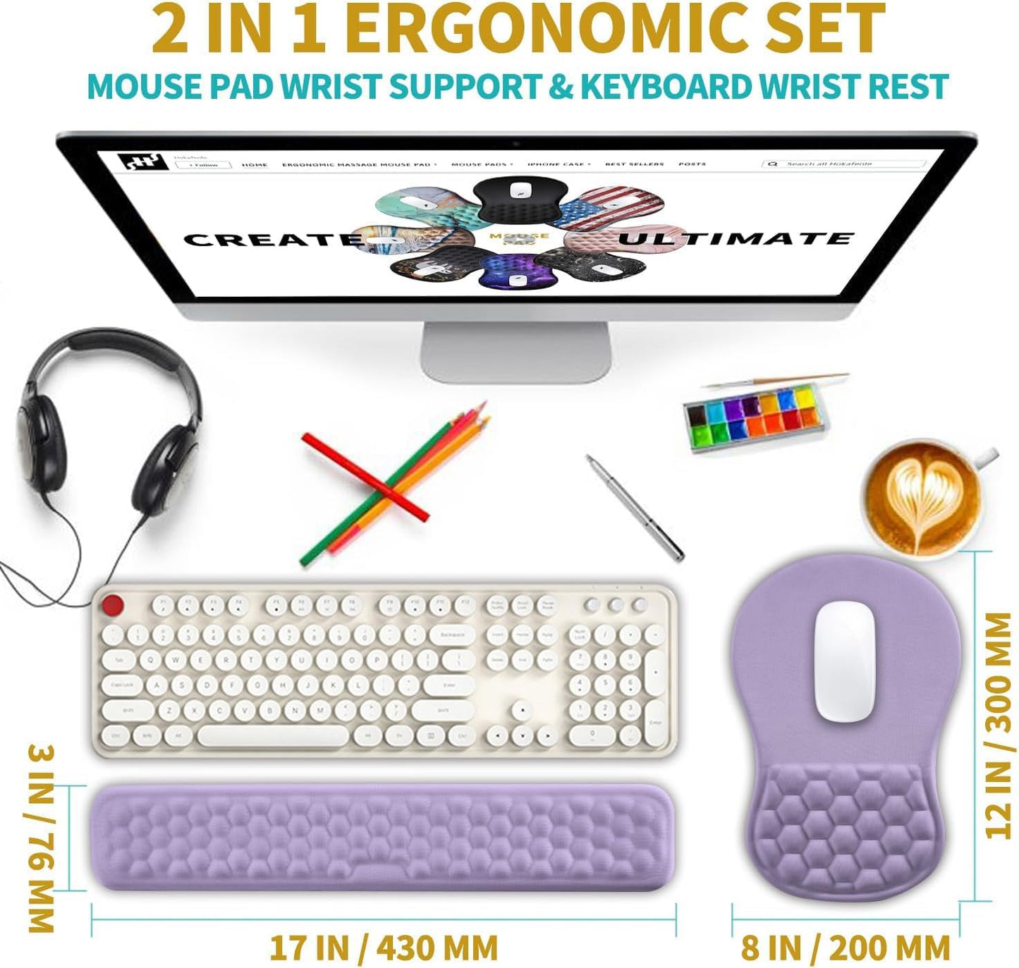 Hokafenle 2 in 1 Ergonomic Mouse Pad Wrist Support & Wrist Rest for Computer Keyboard Set, with Relieve Carpal Tunnel Pain Massage Bulge and Full Memory Gel Design (2In1 Set, Black)