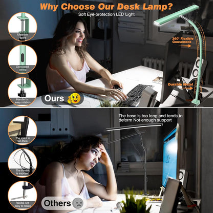 Airlonv LED Desk Lamp for Office Home, Eye-Caring Desk Light with Stepless Dimming Adjustable Flexible Gooseneck, 10W USB Adapter Desk Lamp with Clamp for Reading, Study, Workbench (Black)