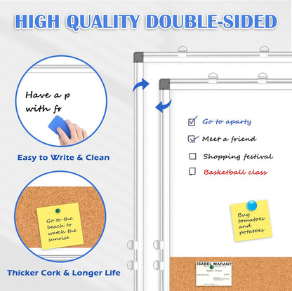 Weekly Dry Erase Calendar Whiteboard for Wall, 24" x 18" Double-Sided Weekly Planner White Board Cork Combo, Hanging & Wall Mount Week Bulletin Board with Notes for Home, Office, School, Kitchen