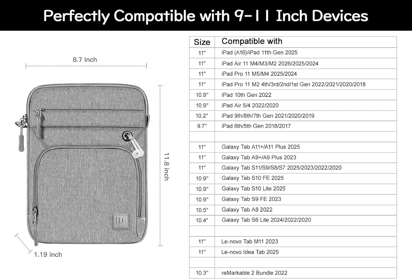 Dadanism 9-11 Inch Tablet Sleeve Bag with Shoulder Strap for iPad (A16) 11", iPad Air M4 Pro M5 11", i-Pad 10th Gen 10.9", i-Pad 9/8/7th Gen 10.2", Galaxy Tab A11+ Plus 11", reMarkable 2 10.3", Black