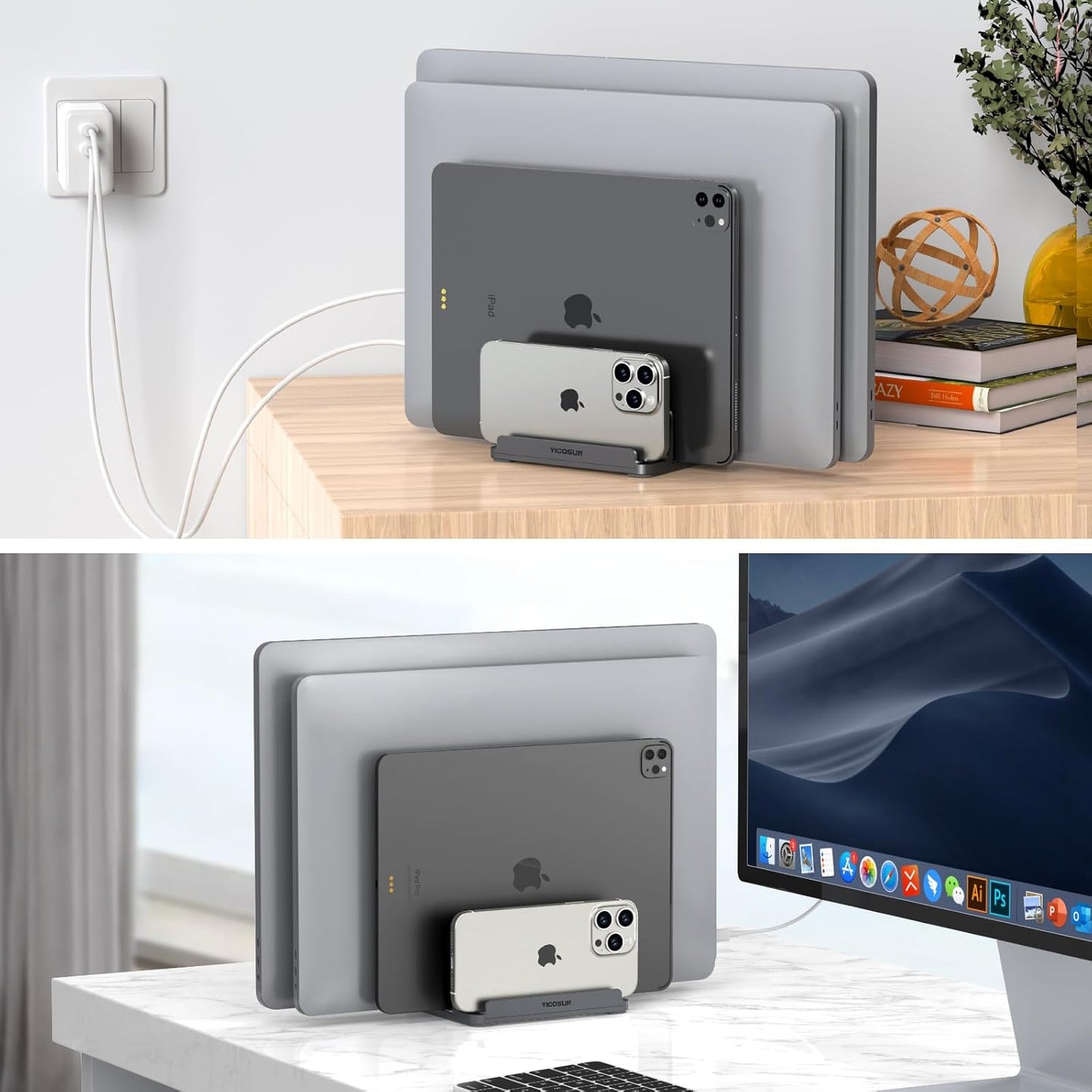 YICOSUN Dual-Slot Aluminum Vertical Laptop Stand for Desk - Adjustable Width Dock for MacBook, Surface, Samsung, HP, Dell up to 17.3 inches - Space-Saving & Protective Design - Gray