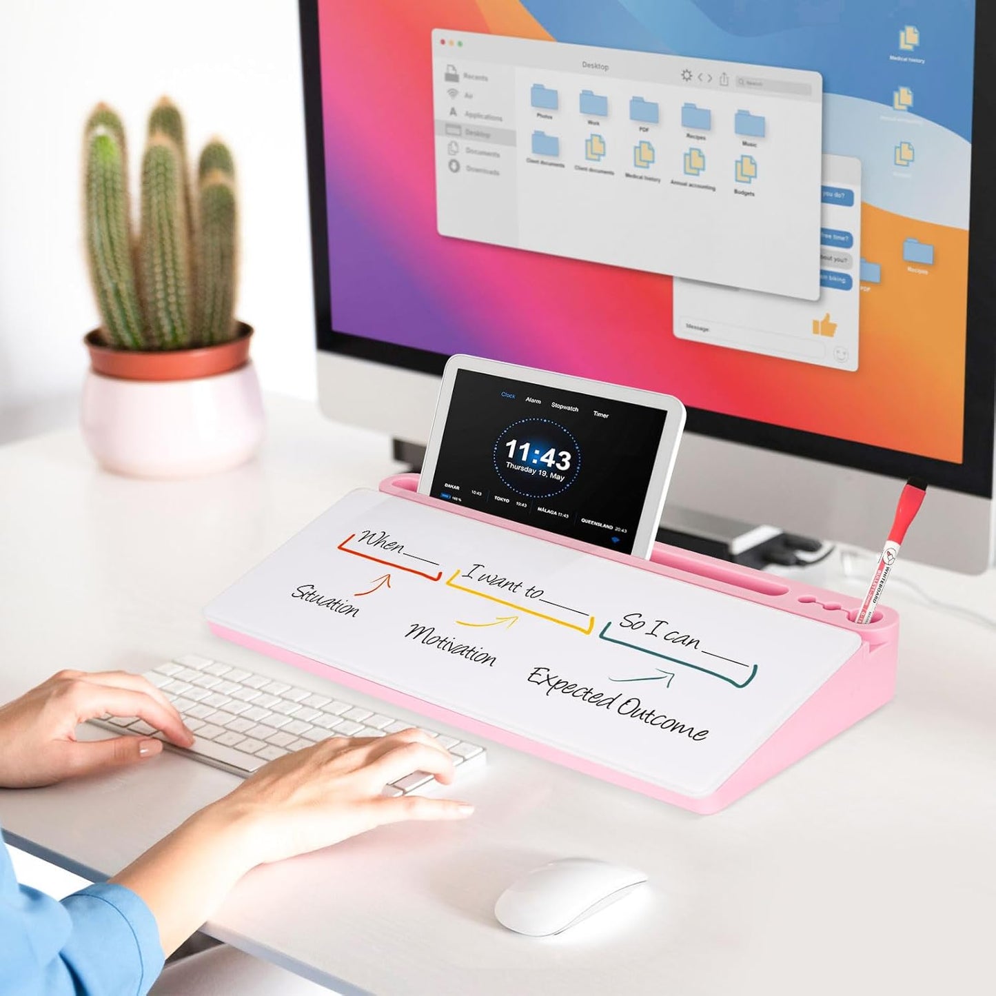 DOLLAR BOSS Glass Desk Whiteboard Calendar Small Dry Erase Board Desktop White Board with Storage Drawer Computer Keyboard Stand Desk Organizer, Colorful Weekly Calendar, Black