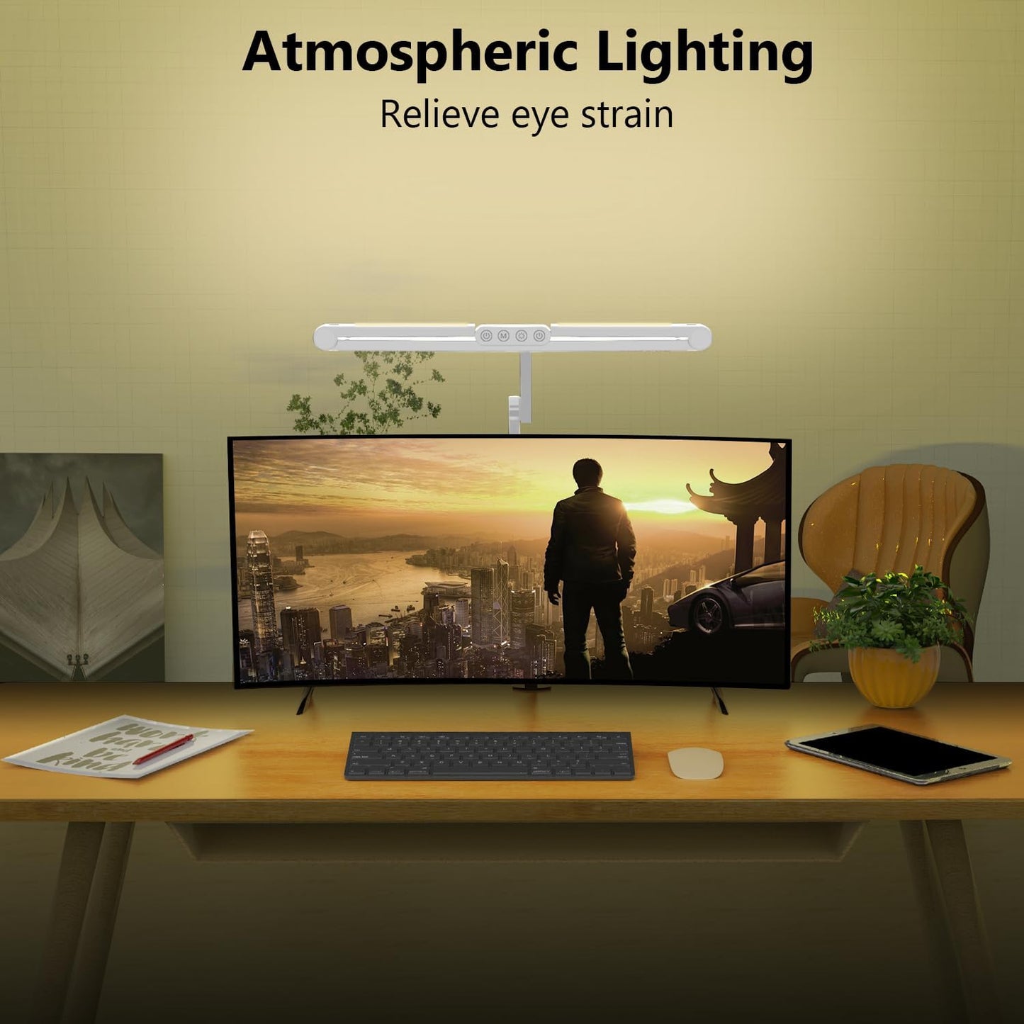 Micomlan Led Desk Lamp with Clamp, Architect Desk Lamp for Home Office with Atmosphere Lighting, 24W Ultra Bright Auto Dimming Computer Light Stepless Dimming and Tempering LED Table Light