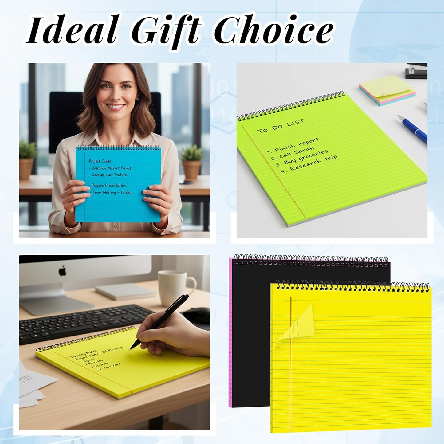 MotiMind 4 Pack Landscape Notebook Top Spiral Bound 11 x 9.5 Inch College Ruled Legal Pads Horizontal Notepad with Hole Punched Pages for Office School Meeting Project Notes Daily Use, White