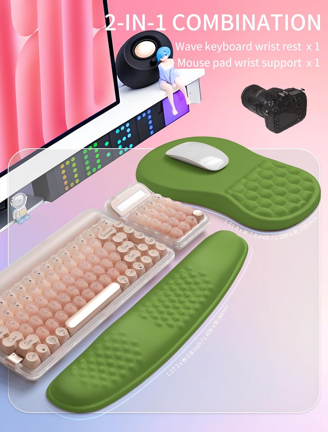 Hokafenle 2in1 Combination, Wave Keyboard Wrist Rest and Ergonomic Curvature Mouse Pad Wrist Support for Relieve Wrist Pain, Filled with Soft Cushion Memory Foam, Black