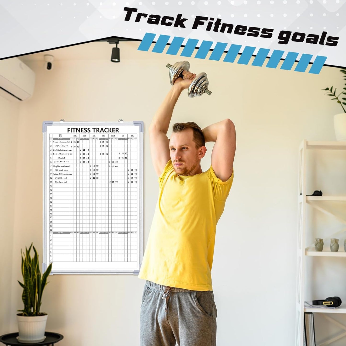 Lincia 16 x 12 Inch Fitness Tracker Whiteboard Workout Calendar for Home Gym Dry Erase Planner Hanging Removable to Do List for Wall Whiteboard with Aluminum Frame for Gym Program(Style A)