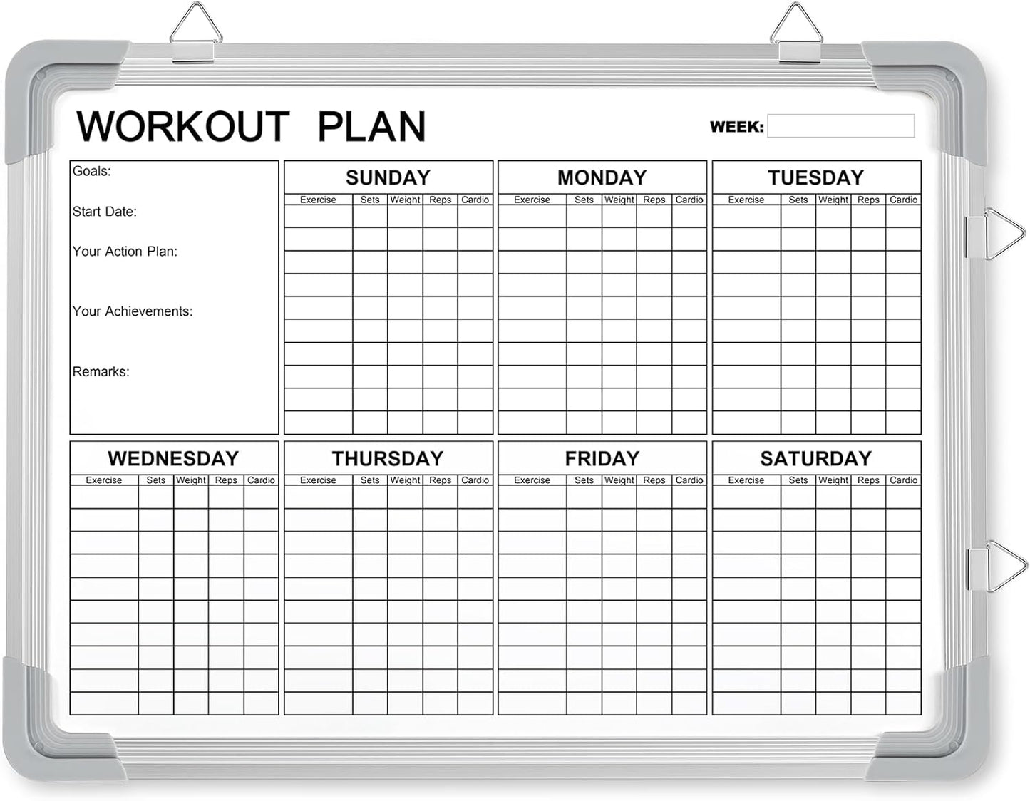 Lincia 16 x 12 Inch Fitness Tracker Whiteboard Workout Calendar for Home Gym Dry Erase Planner Hanging Removable to Do List for Wall Whiteboard with Aluminum Frame for Gym Program(Style A)