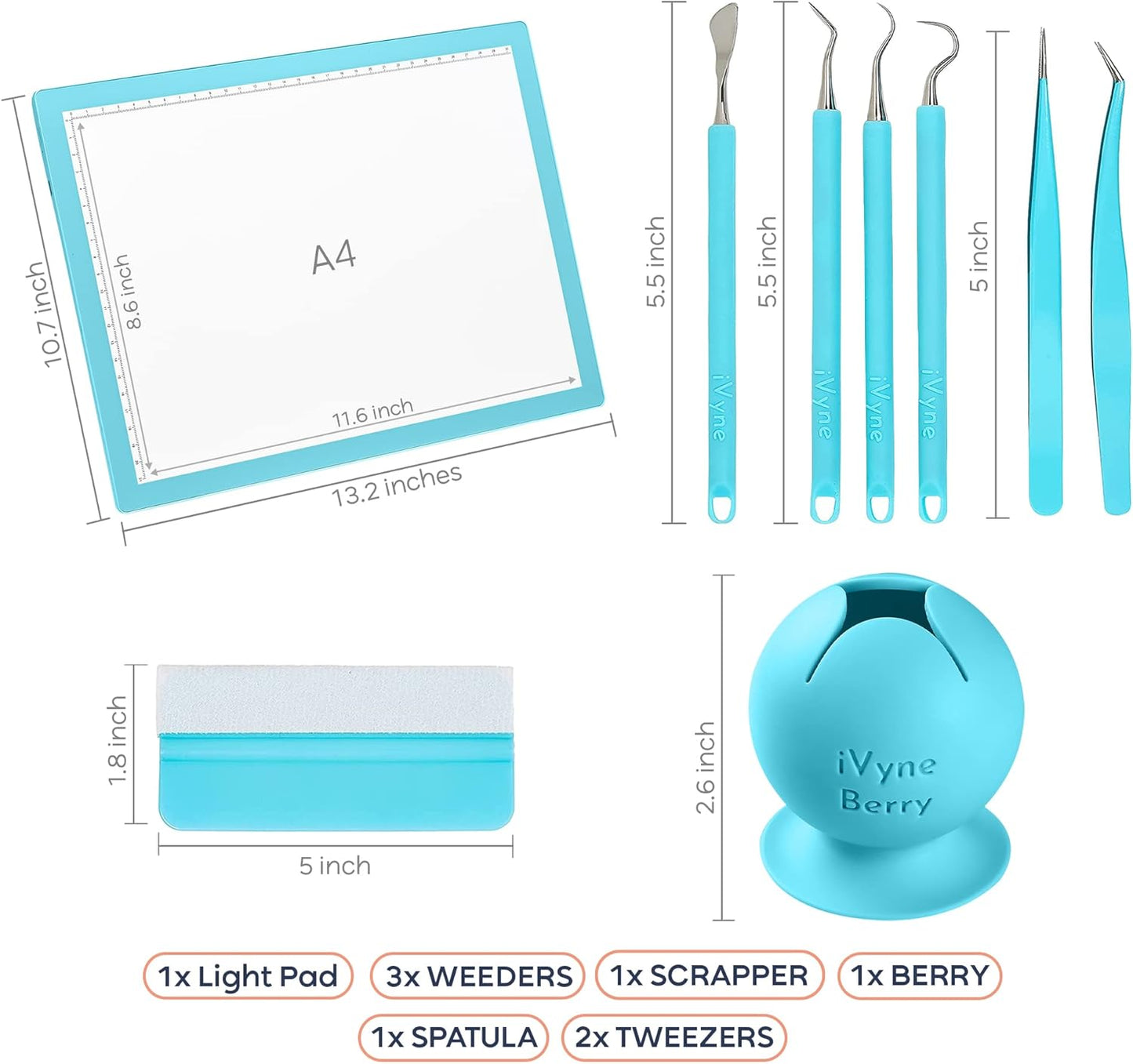 iVyne Complete Set Rechargeable A4 Light Pad, Weeding Tools for Vinyl, Scrap Collector for Cricut and Silhouette Machines for Every Tracing, Drawing Projects (Green)