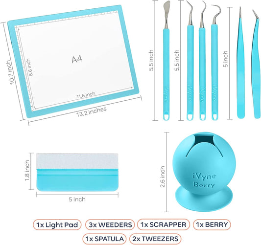 iVyne Complete Set Rechargeable A4 Light Pad, Weeding Tools for Vinyl, Scrap Collector for Cricut and Silhouette Machines for Every Tracing, Drawing Projects (Green)