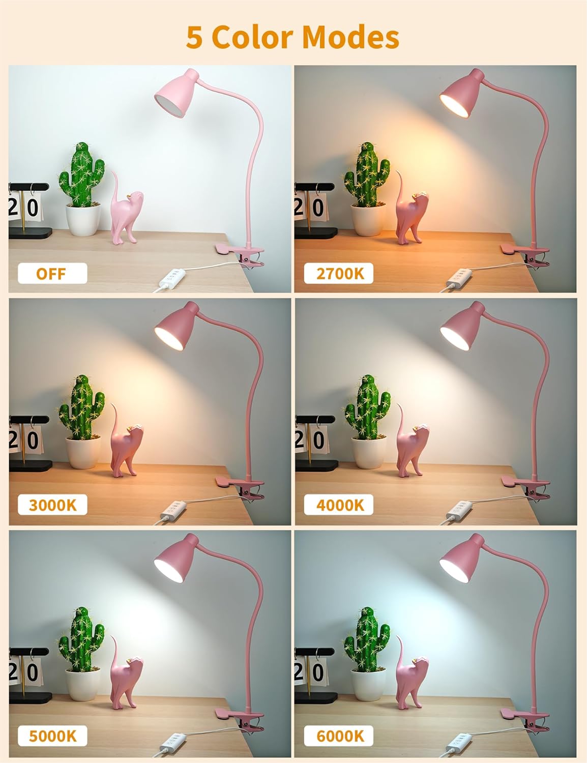 BOHON Clip on Light, 10W 38 LED Desk Lamp with Clamp, 5 Color 10 Brightness Auto Off Timer, Flexible Neck Clip Lamp, Desk Lights for Office Home Bed Bedside Reading, Bright Yellow