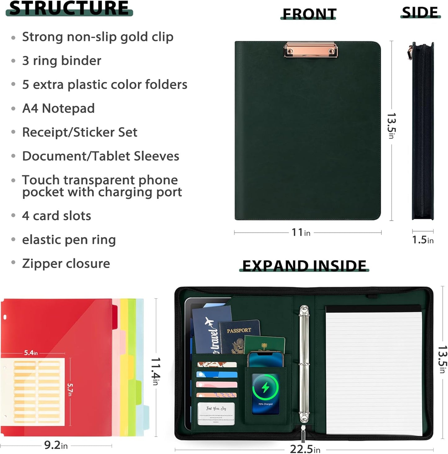 Ospelelf Zippered Padfolio Organizer, Faux Leather 3 Ring Binder with Clipboard, Letter Size Business Portfolio with Notepad, Tablet Sleeve & Phone Pockets for Office Work Brown