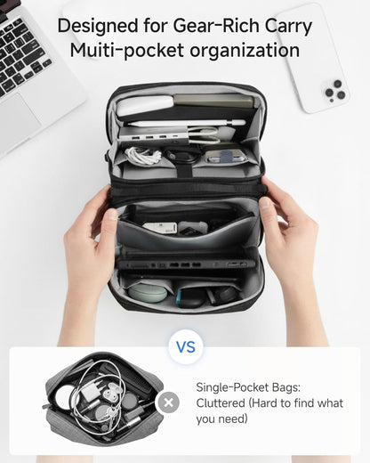 LUGGEX Large All-in-One Tech Pouch, CBX01 Cable Organizer Bag with Removable Crossbody Strap, Double Accessories Bag & Water Resistant for Kindle, Chargers, Cord, Earphone for Travel Office, Black