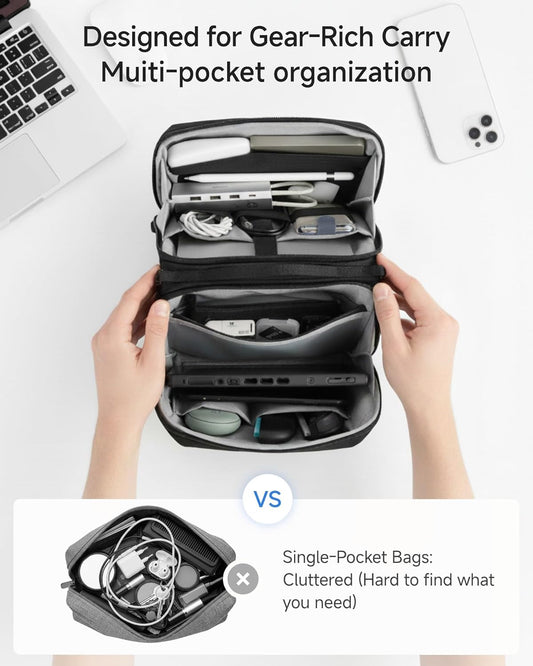 LUGGEX Large All-in-One Tech Pouch, CBX01 Cable Organizer Bag with Removable Crossbody Strap, Double Accessories Bag & Water Resistant for Kindle, Chargers, Cord, Earphone for Travel Office, Black