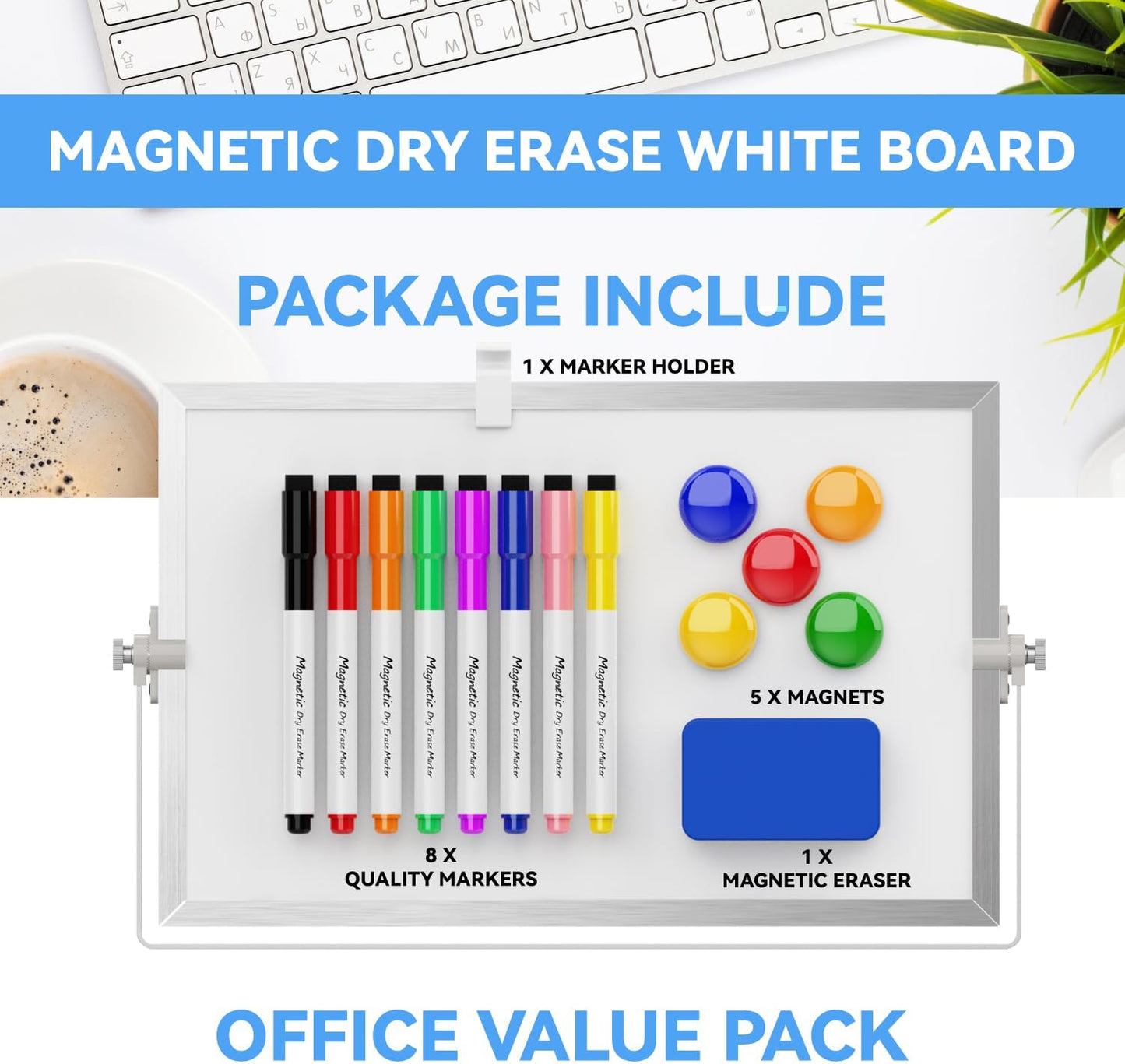 Dry Erase White Board, Cazeyoo Magnetic Desktop Whiteboard 16 x 12inch with Stand, 10 Markers, 4 Magnets and 1 Eraser, Portable Double-Sided White Board for Kids Drawing, Office, Home, School