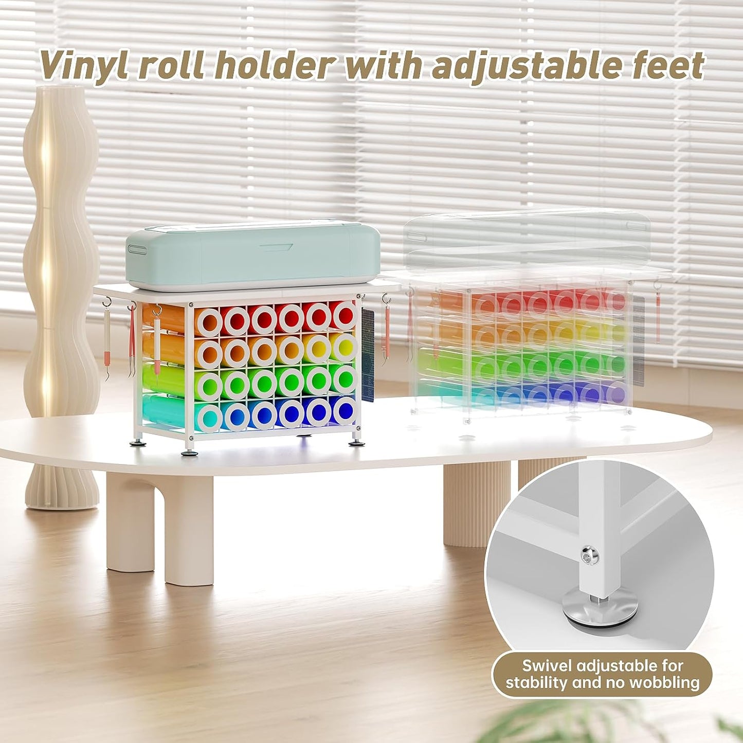 Small Craft Organizers and Storage Compatible with Cricut Machines Craft Table Storage with 24 Vinyl Roll Holders, Crafting Cabinet Workstation Tool Holder for Craft Room Home Office