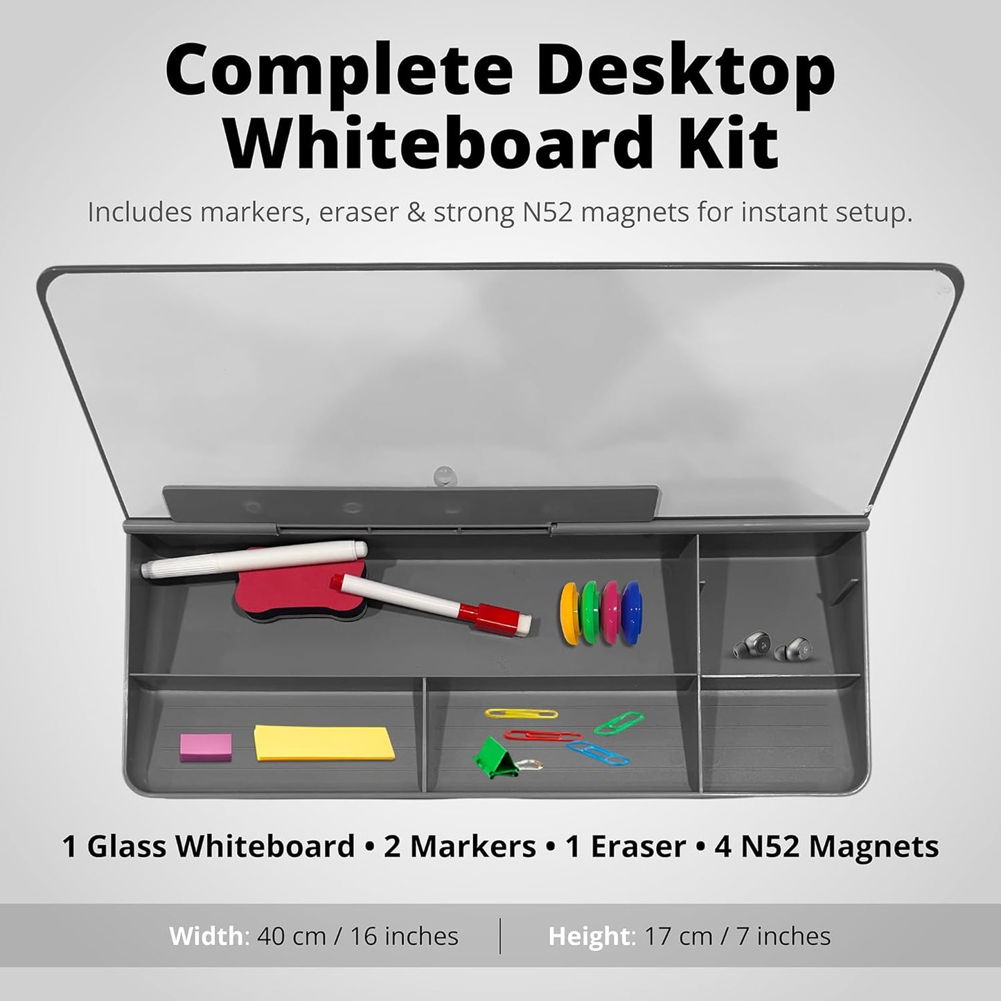 Glass Desktop Magnetic Whiteboard with Storage, Frosted Glass Dry Erase Board for Desk, Desk Organizer with Strong Magnets and Phone Stand for Home Office and School Supplies