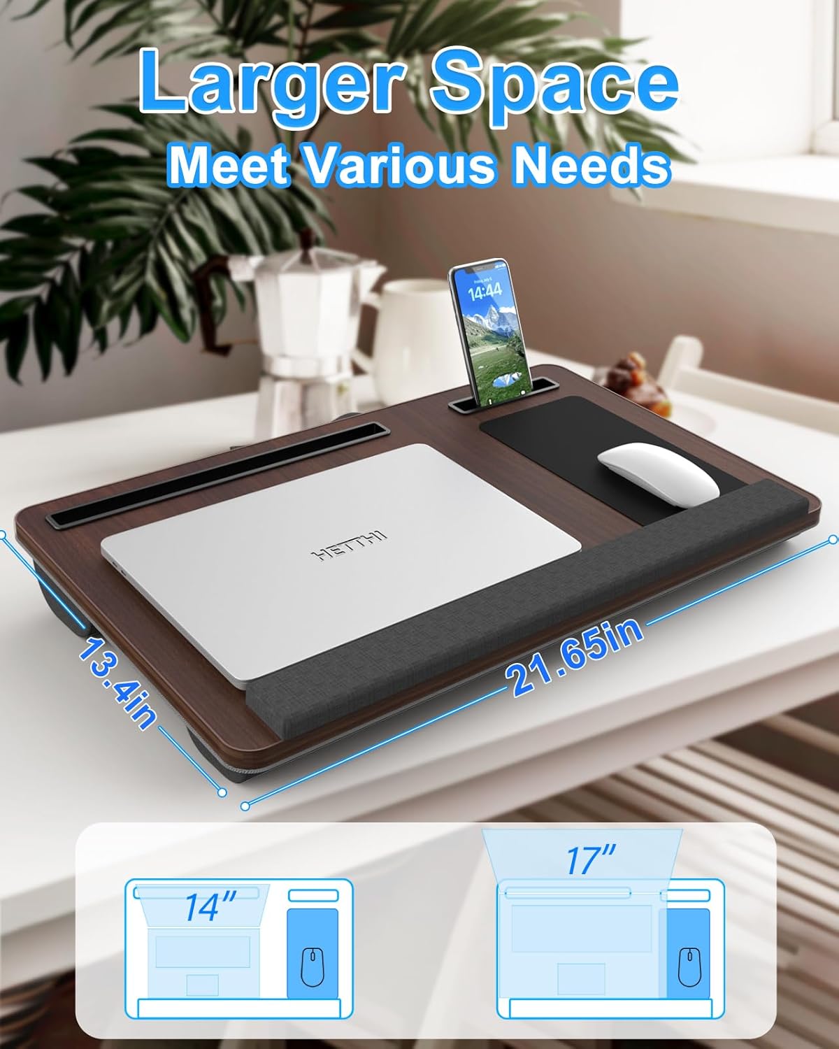 HETTHI Laptop Lap Desk, Portable Large Laptop Desk for Bed, Up to 17 Inch Lap Pad Tray with Wrist Rest, Mouse Pad, Tablet Phone Slot, Portable Handle, Cushion (Black)