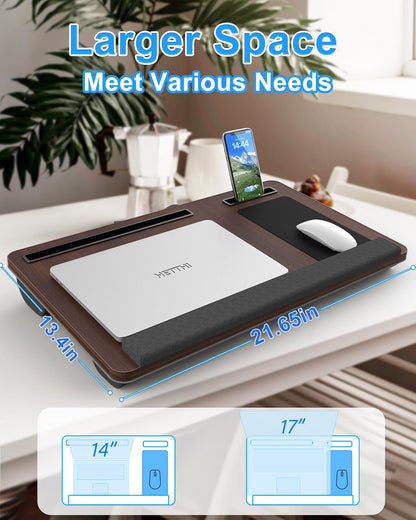 HETTHI Laptop Lap Desk, Portable Large Laptop Desk for Bed, Up to 17 Inch Lap Pad Tray with Wrist Rest, Mouse Pad, Tablet Phone Slot, Portable Handle, Cushion (Black)