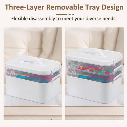 3-Layer Plastic Craft Organizers and Storage Box with Removable Trays, Storage Containers with lids and Handle, Art Supply Storage Organizer for Bead, Ornament, Nail Polish, Tape（10.62"x9"x7.67"）