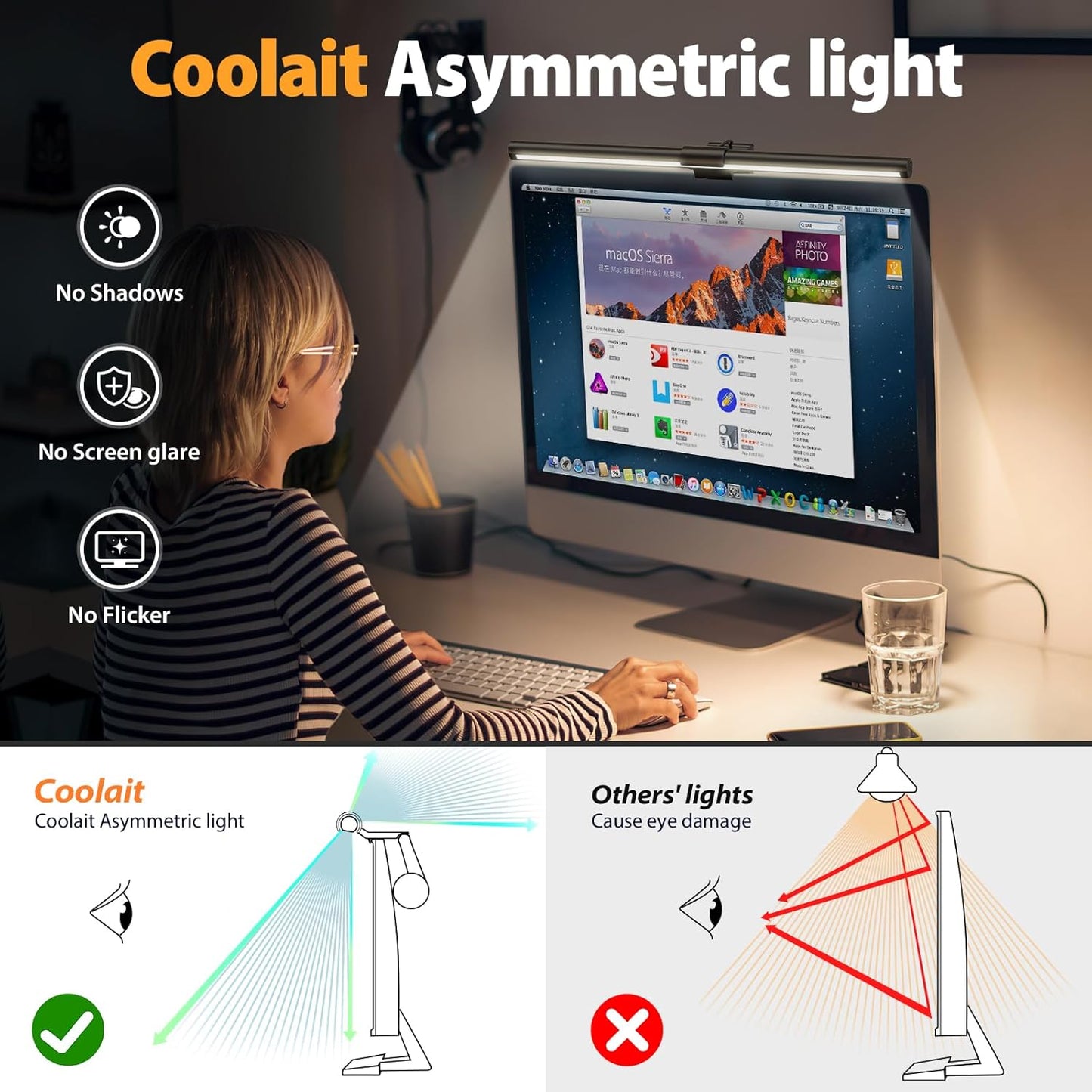 Computer Monitor Light,Screen Monitor Light Bar with Backlight for Eye Caring, E-Reading LED Task Lamp with Color/Dimming Adjustment,Touch Control,No Screen Glare Space Saving Home Office Lamp